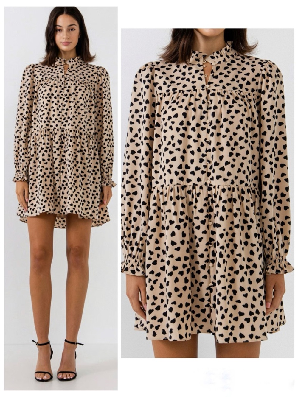ENGLISH FACTORY Dotted Button Detail Mini Dress Heart Print Cream/Black Sz 2X